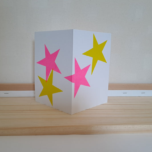 Card Hand Silk Screen Printed - Star - Pink - Yellow